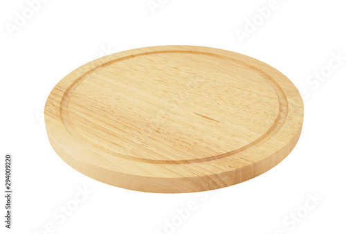 Round wooden cutting board isolated on white
