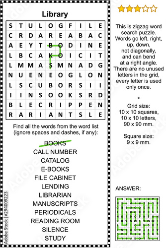 Library themed zigzag word search puzzle (suitable both for kids and adults). Answer included.