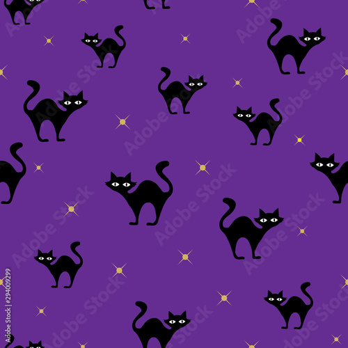 Black cats and stars halloween purple vector repeat seamless pattern. October holiday EPS10.