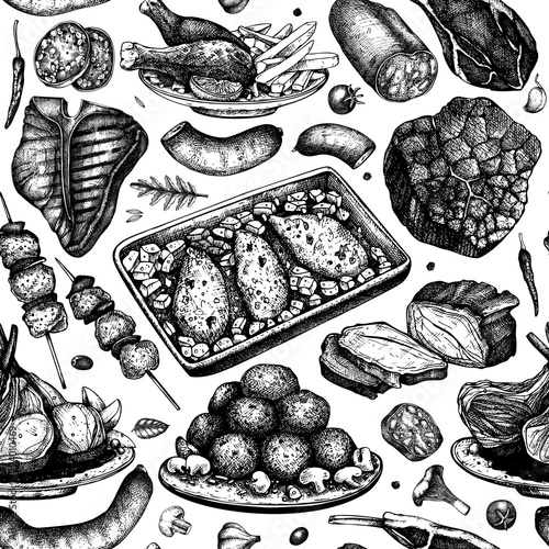 Meat dishes seamless pattern. Hand drawn food illustration. Meat restaurant menu design. Vintage background for beer restaurant, grill bar or pub.