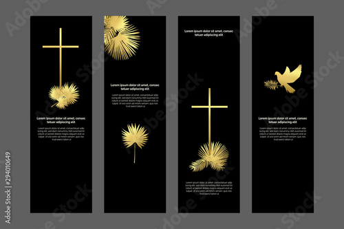 Religious bookmarks set, christian templates kit in black and gold, universal design