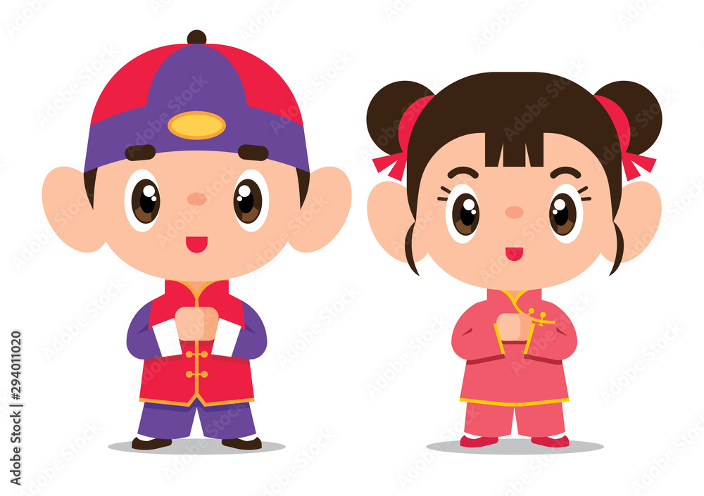 Cartoon cute chinese girl and boy character set flat art. Chinese kids wishing happy chinese new year - flat art vector mascot Cartoon cute chinese girl and boy character set flat art. Chinese kids wishing happy chinese new year - flat art vector mascot