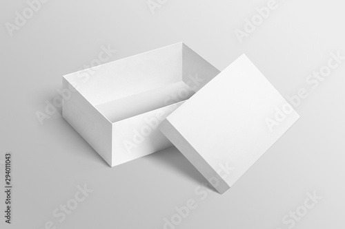 Top view of white plain open shoebox with lid mockup on isolated background