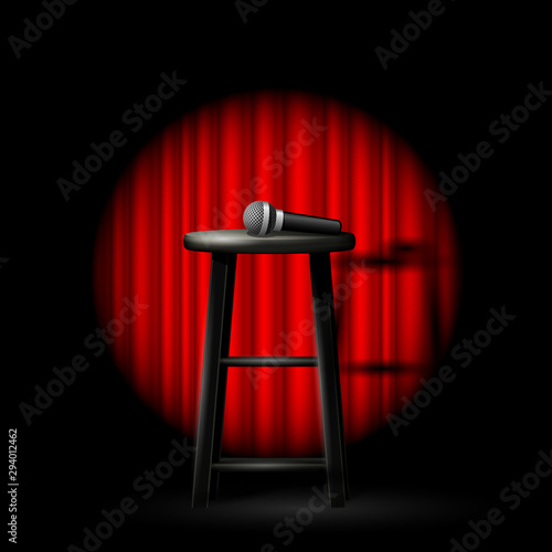 Stand up comedy show - microphone and stool in ray of spotlight and drop-curtain