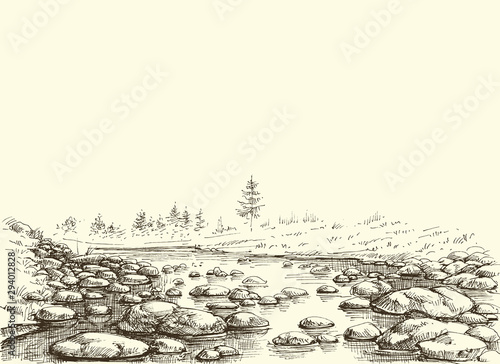 Fototapete Mountain river hand drawing. Water flow border
