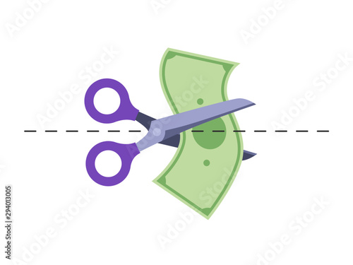 Big scissors cutting dollar on dashed line. Vector flat illustration of rate cut. Financial concept.