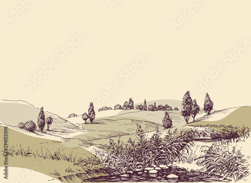 Hills landscape hand drawing. Travel or tourism in nature background