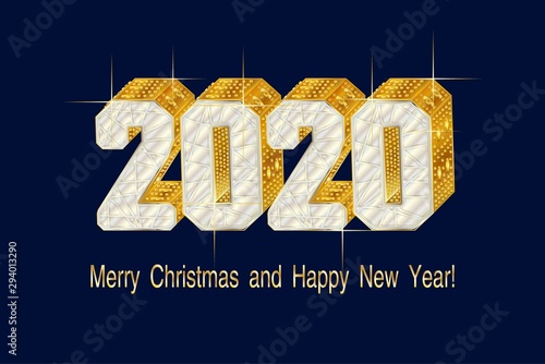 2020 Gold figures 3d font type, encrusted in jewels. Background with inscription Happy New Year and Merry Christmas. Holiday background, banner, poster.