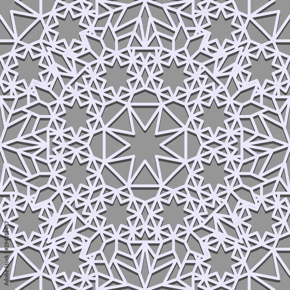 Wallpaper, Seamless pattern for continuous replicate in Islamic style. Seamless background. Gray and white texture with four-pointed stars. Arabic line art backdrop