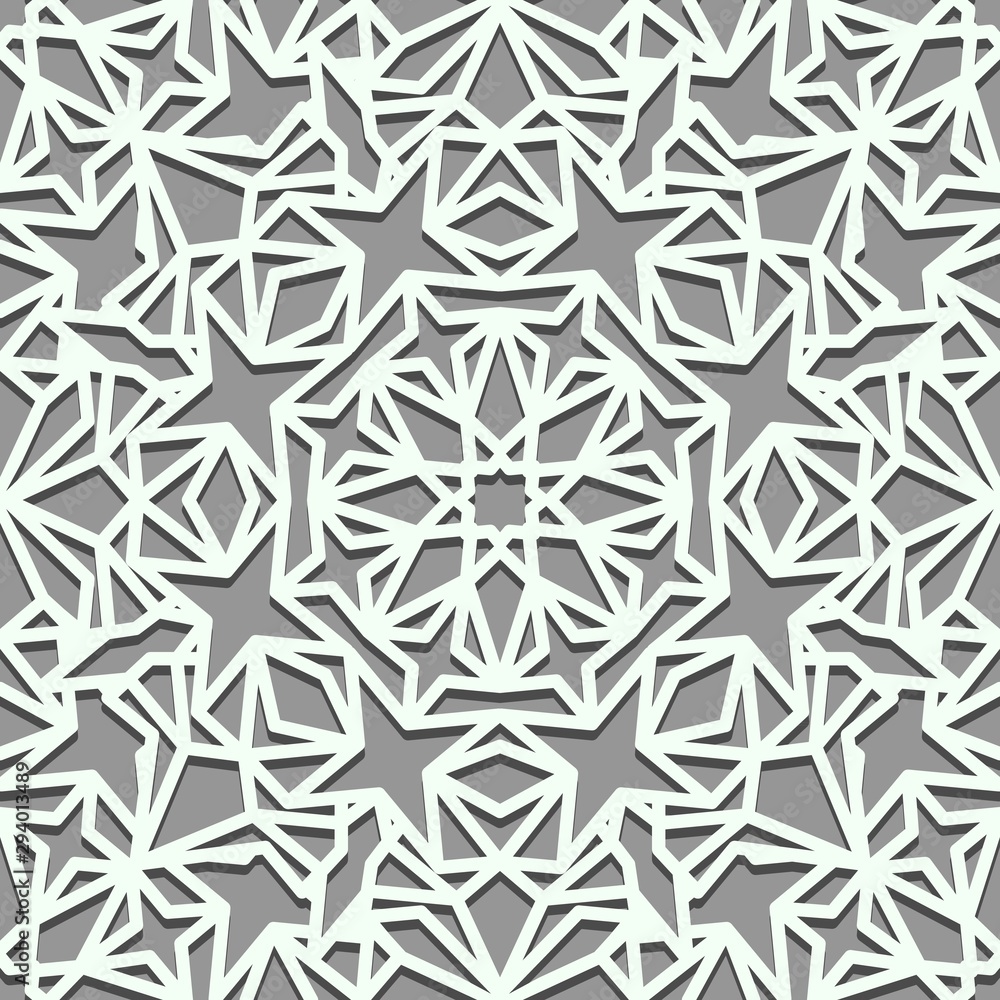 Wallpaper, tile in Islamic style. Seamless background. Gray and white texture with four-pointed stars. Arabic line art backdrop. Wallpaper, tile in Islamic style. Seamless background. Gray and white texture with four-pointed stars. Arabic line art backdrop.