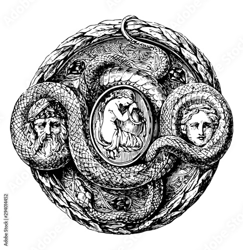 Snake Brooch, two figure heads, vintage engraving.