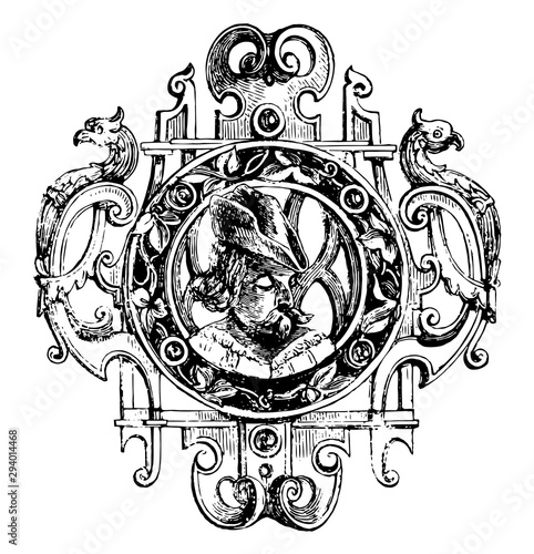 Brooch, Renaissance style, vintage engraving.