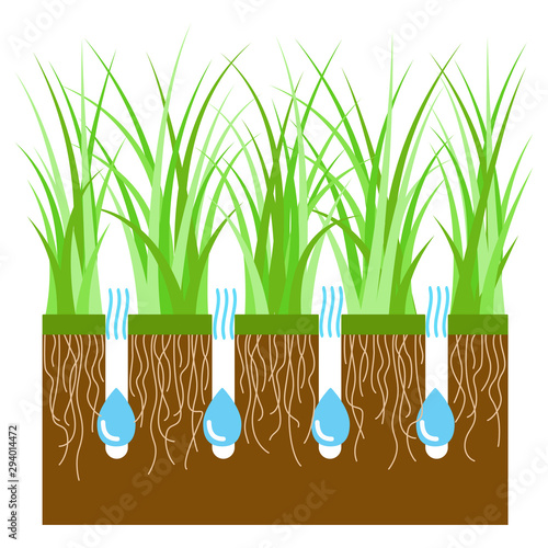 Lawn aeration for active plant growth. Free access of water and air to soil. Lawn grass care, gardening and landscaping. Vector illustration