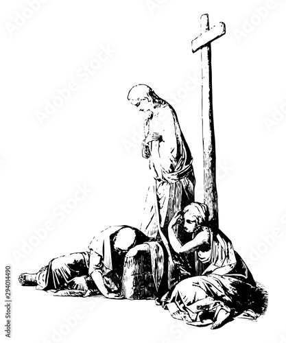 Sculpture is a group of figures that represent repentance, vintage engraving.