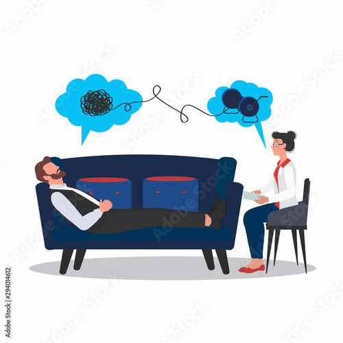 Psychology service, Consultation talking to psychologist, private counseling, family psychology concept. Psychologist woman and young man patient in therapy session. Website landing web page template.