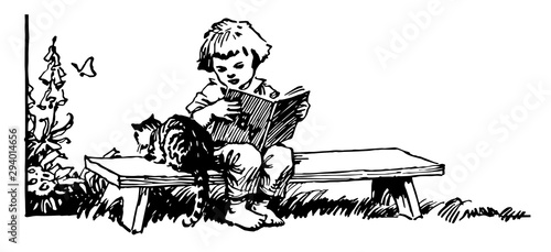 Girl Sitting on Bench Reading Book with Cat, upside down,  vintage engraving.