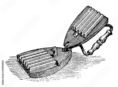 Fluting Iron is a device for making flutes in a fabric or article of dress, vintage engraving.