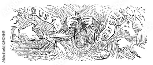 Busy Fingers of three sets of hands performing various crafting tasks, vintage engraving.