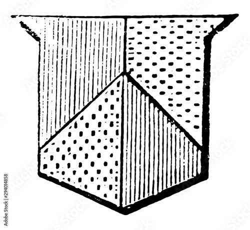Parted Per Pale and Per Chevron has applies to the several parts of an escutcheon parted by a line, vintage engraving.