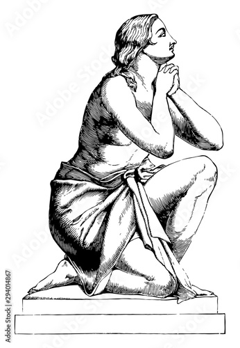 Morning Prayer Sculpture was sculpted by Italian artist Puttinati, vintage engraving.