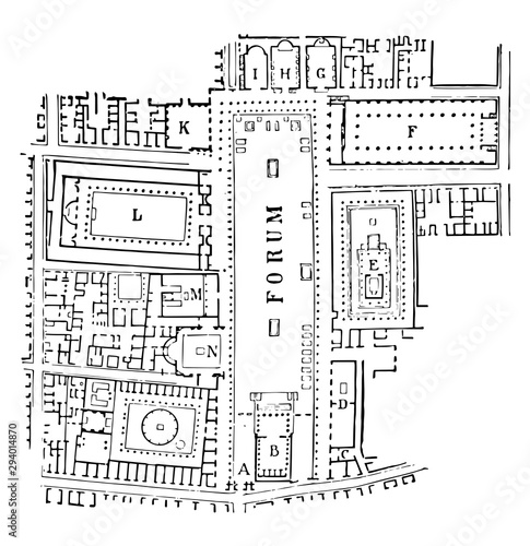 Forum of Pompeii,  principal entrance, vintage engraving.