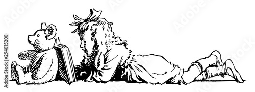 Girl Laying on Stomach & Reading a Book, relax, vintage engraving.