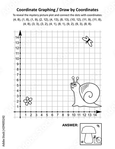 Coordinate graphing, or draw by coordinates, math worksheet with big mushroom and a snail: To reveal the mystery picture plot and connect the dots with given coordinates. Answer included.