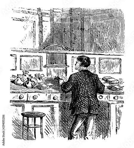 Banker Sorting Money at Counter, vintage illustration.