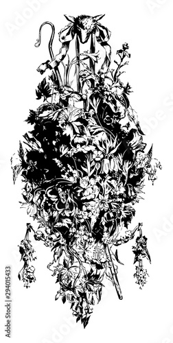 Wood Carving is symbolized by forty-seven varieties of plants, vintage engraving.