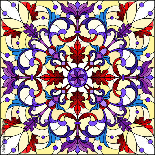 Illustration in stained glass style, square mirror image with floral ornaments and swirls,red and purple patterns on yellow background