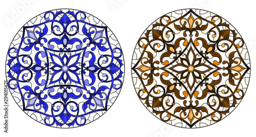 Set of illustrations in stained glass style with round floral arrangements, blue and brown