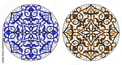 Set of illustrations in stained glass style with round floral arrangements, blue and brown