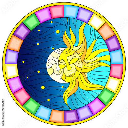 Illustration in stained glass style , abstract sun and moon in the sky,round image in bright frame 
