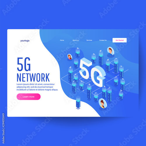 5G network technology, isometric concept of smart city, tall buildings with wireless internet