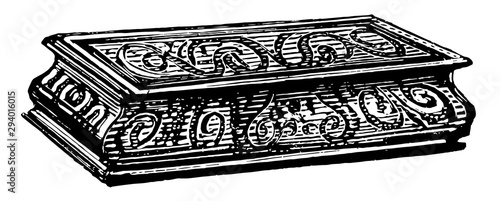 Crochet Box is ornamented with a classic bas-relief of the story of Niobe, vintage engraving.