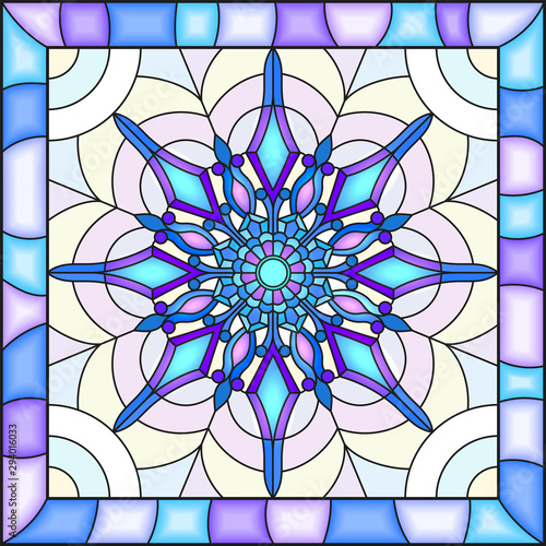 Illustration in stained glass style with snowflake in blue colors in a bright frame 