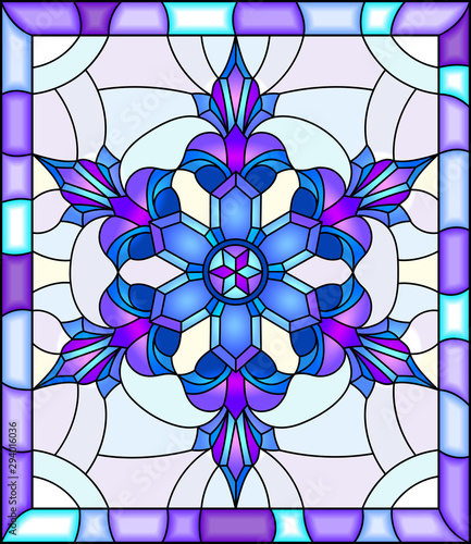 Illustration in stained glass style with snowflake in blue colors in a bright frame 