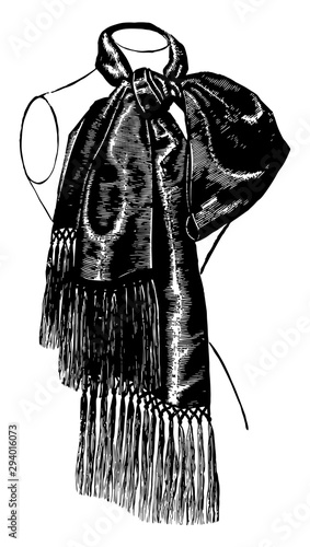 Scarf is designed with tassels, vintage engraving.