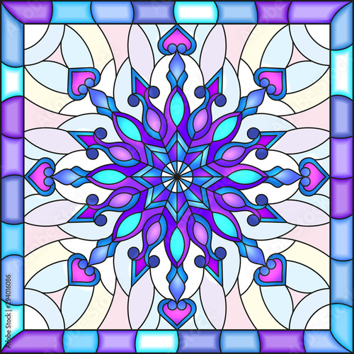 Illustration in stained glass style with snowflake in blue colors in a bright frame 