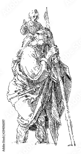St. Christopher, 7th century,  vintage engraving.