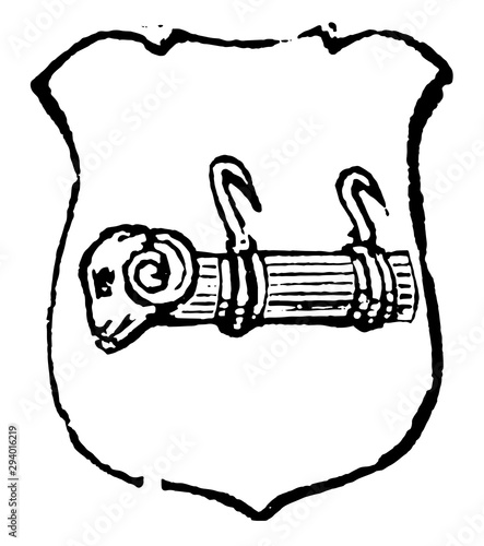 Battering Ram is frequently borne as a charge in a coat of arms, vintage engraving.
