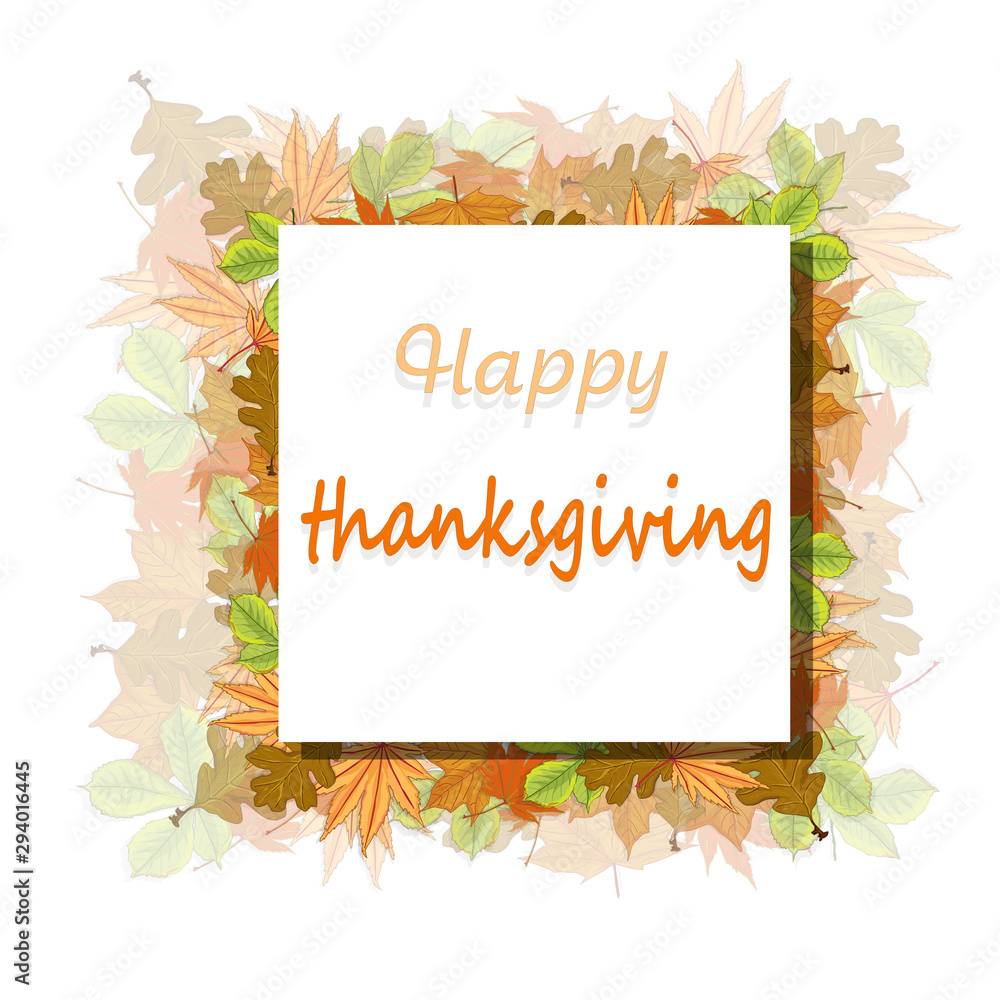 Fototapeta Happy Thanksgiving script with pumpkins and leaves vector illustration on white background