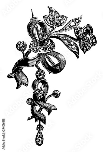 Brooch, ribbon, vintage engraving.