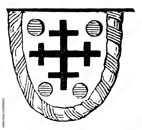 Guidon is generally charged with the paternal arms of the deceased, vintage engraving.