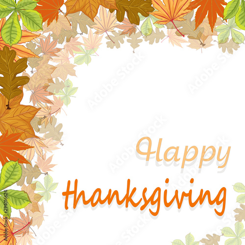 Happy Thanksgiving script with pumpkins and leaves vector illustration on white background
