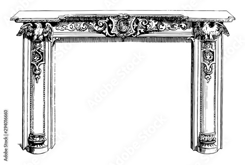 Mantel Piece, sun-shaped,  vintage engraving.