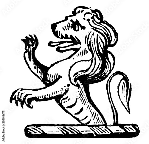 Lion Crest is a crown surmounted by a lion statant guardant crowned, vintage engraving.