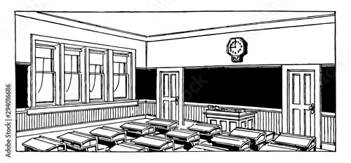 Classroom filled with desks or  school building, vintage engraving.