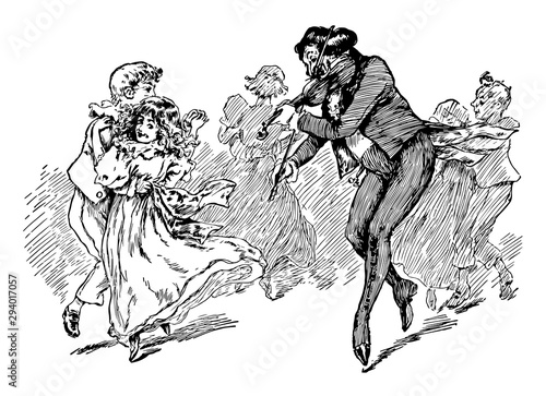 Man Playing Violin with Children Dancing, instrument for many years,  vintage engraving.