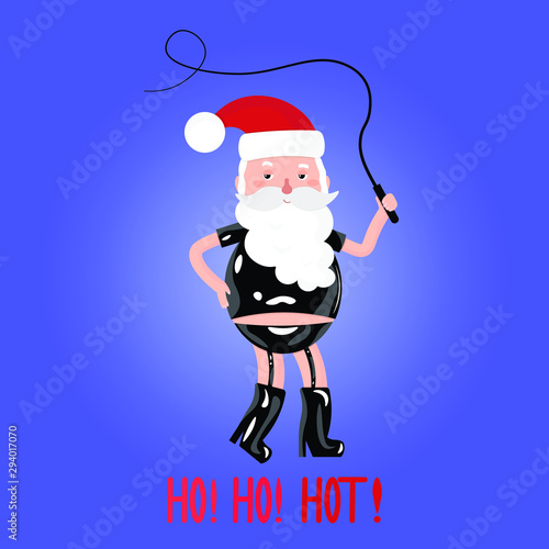 Vector graphics. Bright, funny cartoon illustration of Santa Claus. Christmas funny character. Hand written text. 